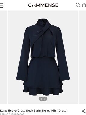 Commense Long-Sleeve Cross Neck Satin Tiered Mini Dress